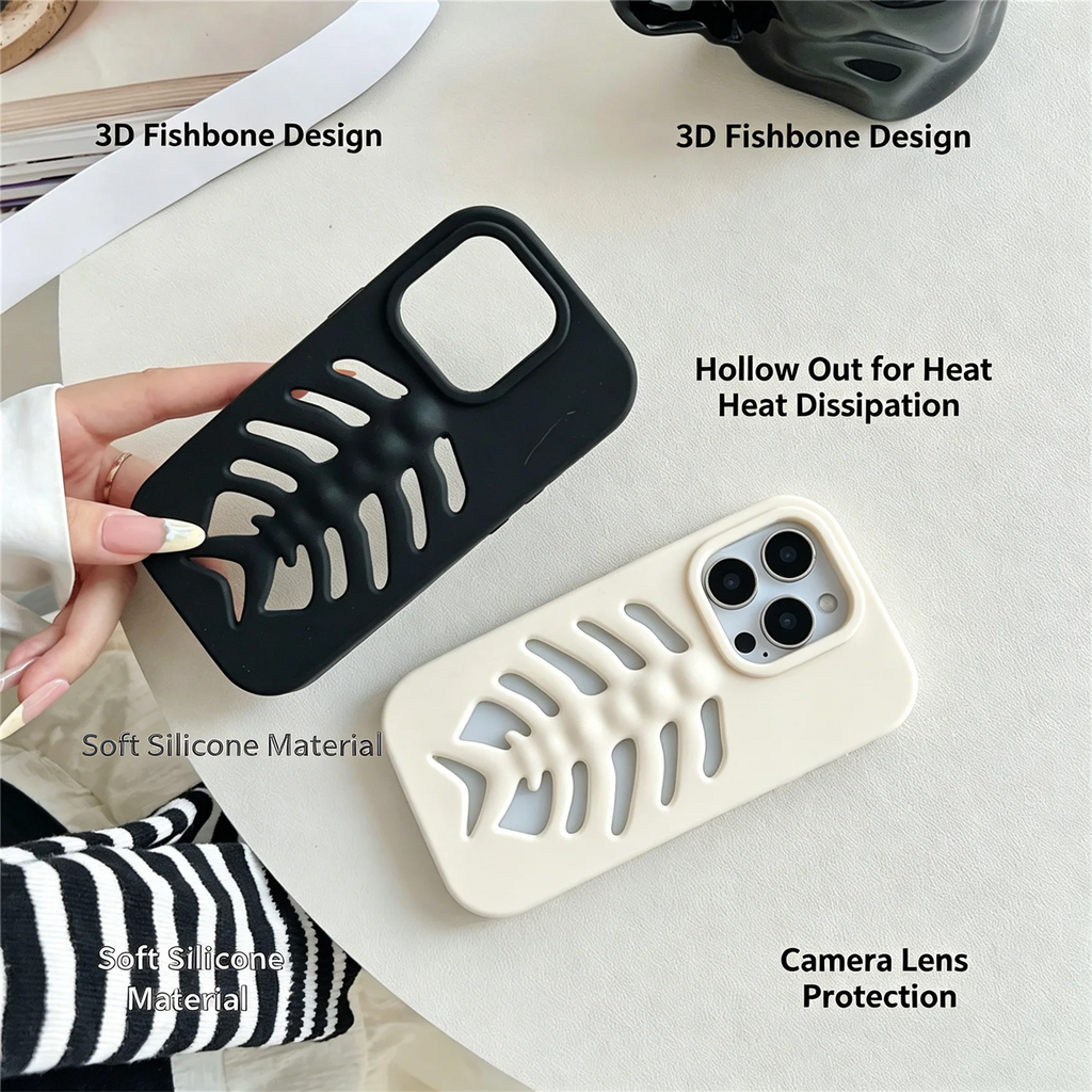 3D Stereo Fish Bone Hollow Phone Case For iPhone 13 14 15 16 17 Pro Max Soft Silicone Breathable Cooling Cover Gothic Y2K Skelet