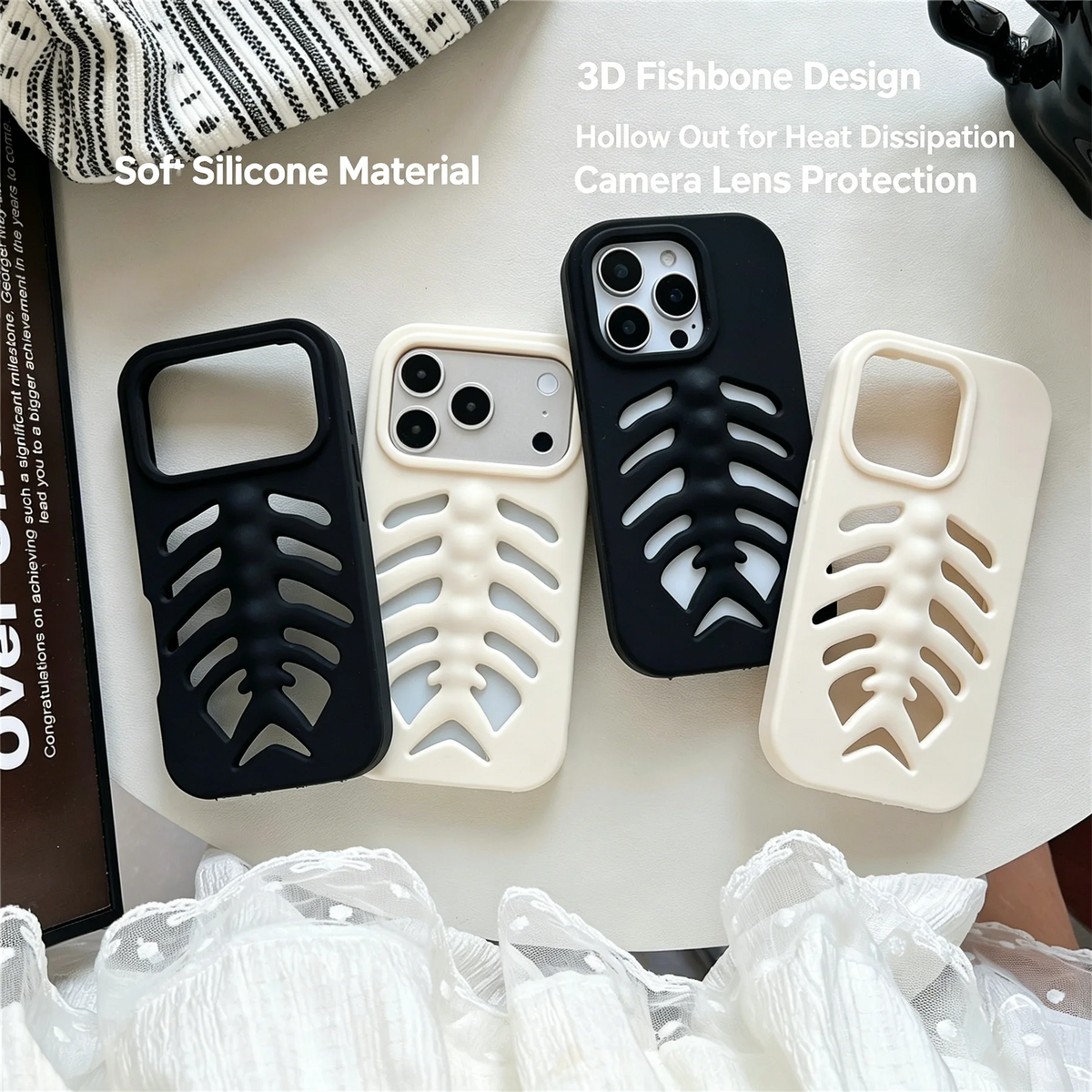 3D Stereo Fish Bone Hollow Phone Case For iPhone 13 14 15 16 17 Pro Max Soft Silicone Breathable Cooling Cover Gothic Y2K Skelet