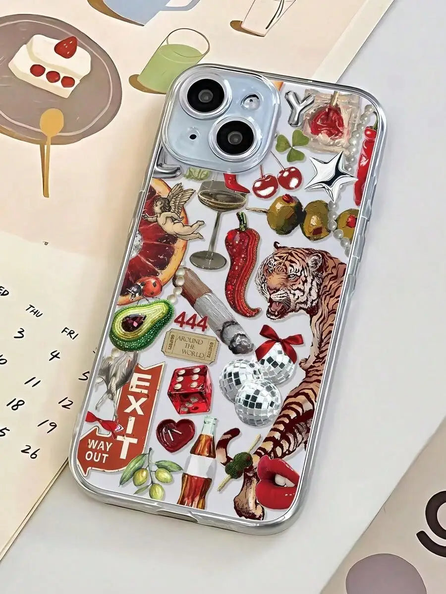 Stylish Tiger Pepper Collage Pattern Transparent TPU Anti-Fingerprint Phone Case for iPhone 17 to 11 Pro Max Plus