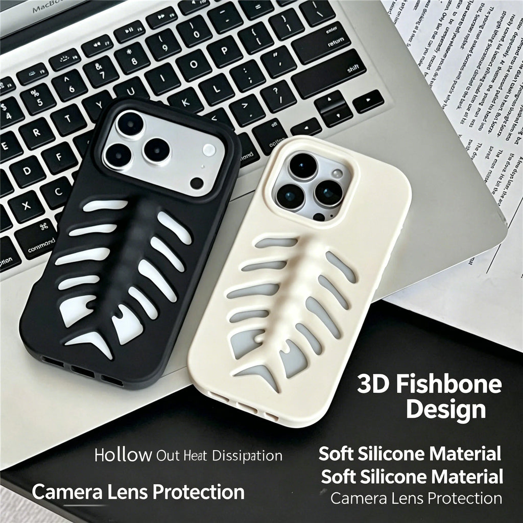 3D Stereo Fish Bone Hollow Phone Case For iPhone 13 14 15 16 17 Pro Max Soft Silicone Breathable Cooling Cover Gothic Y2K Skelet